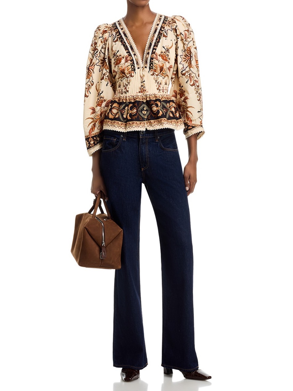 FARM Rio Cream Floral Peplum Blouse with Black & Brown Trim - Picture 2 of 10